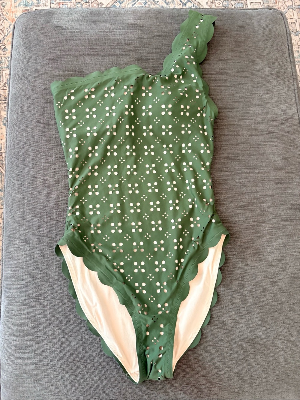 J. Crew Green One-Shoulder Scalloped Eyelet One-Piece Swimsuit - Picture 2 of 5